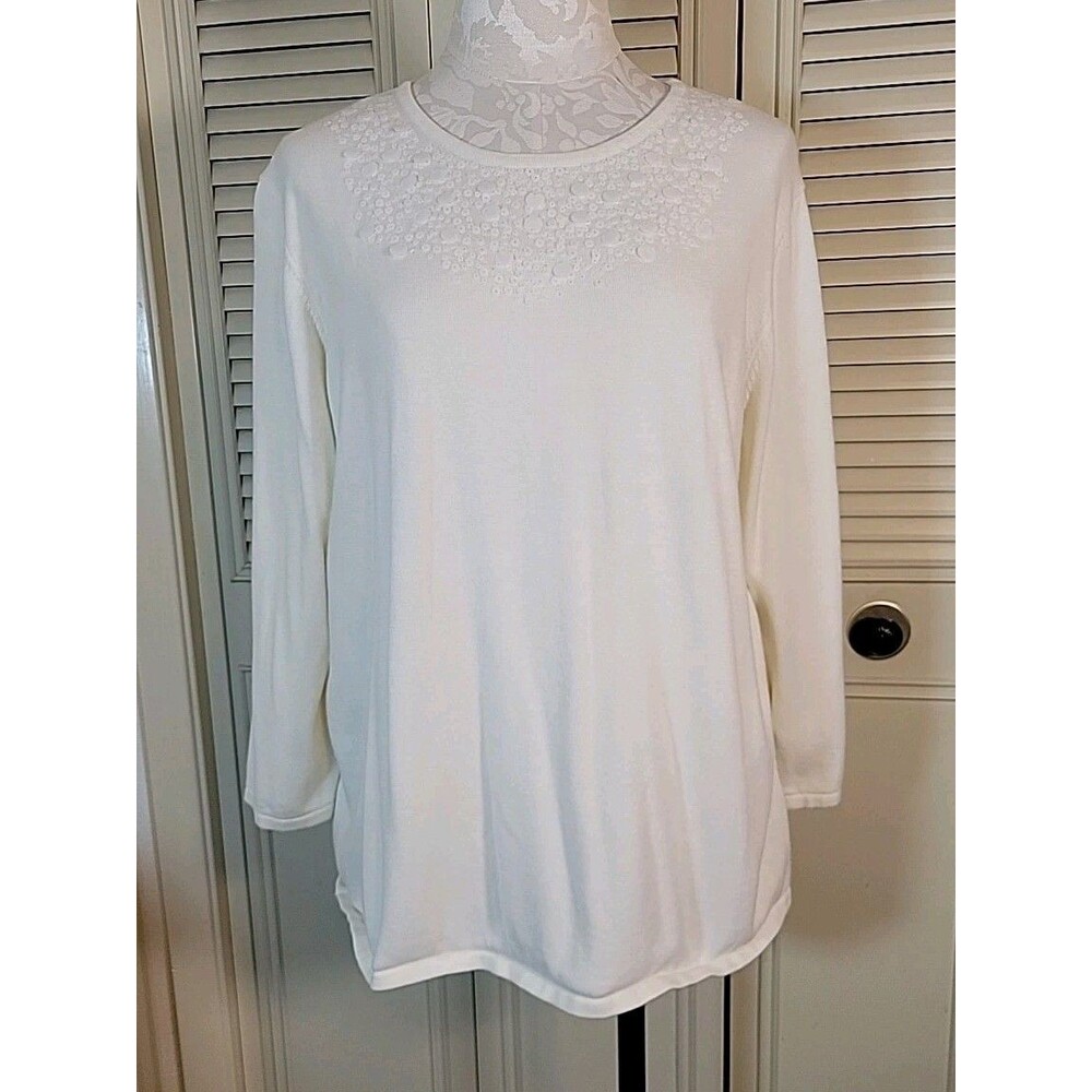Alfred Dunner Sweater Wmn 1X White ¾ Sleeve Stretch Pullover Knit Soft Romantic